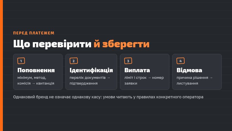 Що перевірити й зберегти на кожному етапі: поповнення, ідентифікація, виплата